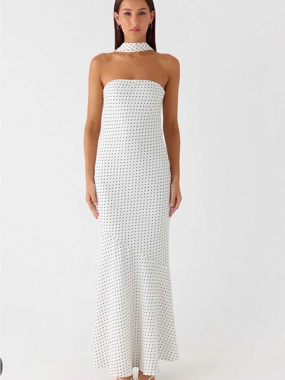 Peppermayo Under the Pagoda White Polka Dot Strapless Maxi Dress with Neck Tie